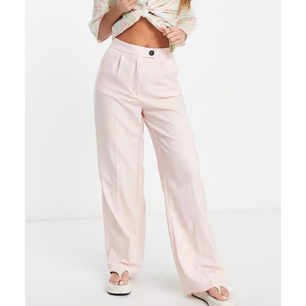 Bershka pastel pink linen style wide leg trouser pants